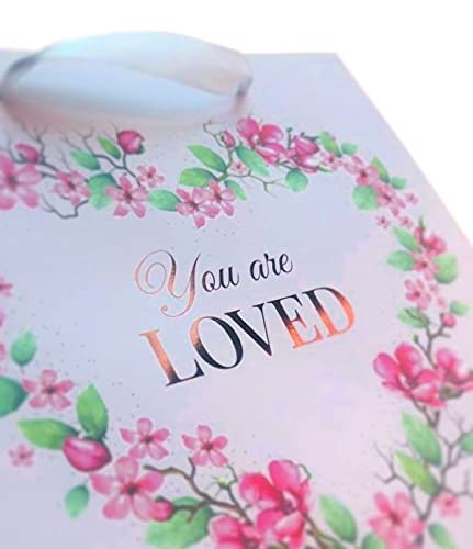 Gift Bag Set You are loved, Medium 9.4" Gift Bag With Tissue Paper, Romantic Card, And Ribbon Handles (Pink, Floral Heart, Love), Valentine's Day, Mothers Day