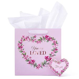 Gift Bag Set You are loved, Medium 9.4" Gift Bag With Tissue Paper, Romantic Card, And Ribbon Handles (Pink, Floral Heart, Love), Valentine's Day, Mothers Day