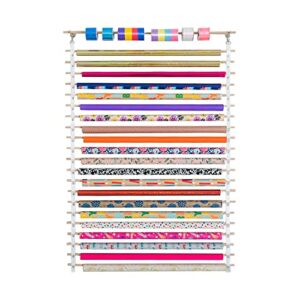 relodecor gift wrapping paper storage organizer – 22 rolls – ribbons, cellophane, vinyl rolls, paper and other arts and crafts items hanging rack dispenser, easy wall mount wrapper storage