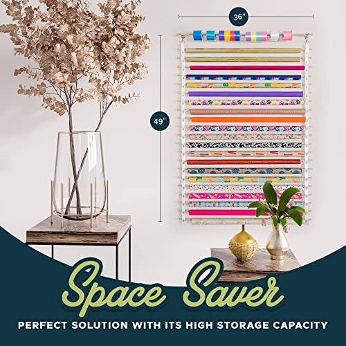 RELODECOR Gift Wrapping Paper Storage Organizer - 22 Rolls - Ribbons, Cellophane, Vinyl Rolls, Paper and Other Arts and Crafts Items Hanging Rack Dispenser, Easy Wall Mount Wrapper Storage