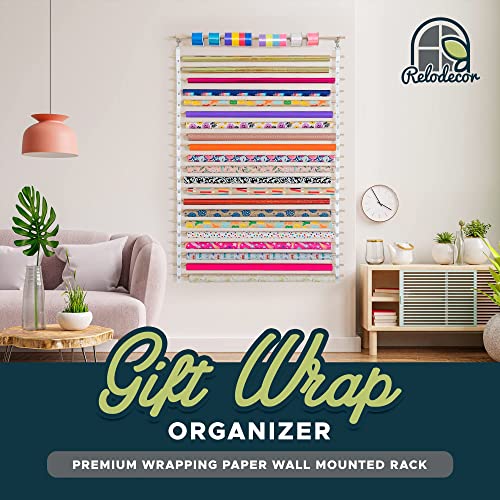 RELODECOR Gift Wrapping Paper Storage Organizer - 22 Rolls - Ribbons, Cellophane, Vinyl Rolls, Paper and Other Arts and Crafts Items Hanging Rack Dispenser, Easy Wall Mount Wrapper Storage