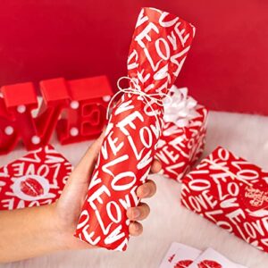 LeZakaa 60 Sheets Tissue Paper Bulk & 30 Pcs Lip Print Gift Sticker -"Love" Lettering Design for Valentine's Day (13.8 inch x 19.7 inch)