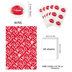 LeZakaa 60 Sheets Tissue Paper Bulk & 30 Pcs Lip Print Gift Sticker -"Love" Lettering Design for Valentine's Day (13.8 inch x 19.7 inch)