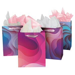 homeadow bags – 4 pcs assorted gift bags, medium size (9″x7″) – assorted with 4 different designs, laminated cardboard, includes 8 tissue papers – colorful abstract 3d patterns