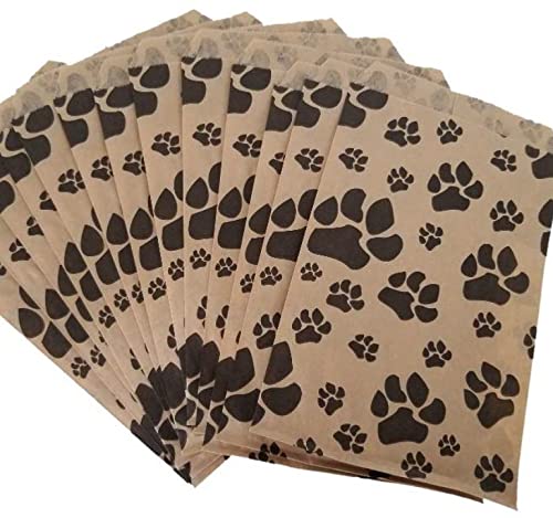 N'ice Packaging 100 Bags Flat Plain Paper or Patterned Bags for candy, cookies, merchandise, pens, Party favors, Gift bags (5" x 7", Paw Print)