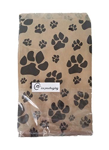 N'ice Packaging 100 Bags Flat Plain Paper or Patterned Bags for candy, cookies, merchandise, pens, Party favors, Gift bags (5" x 7", Paw Print)