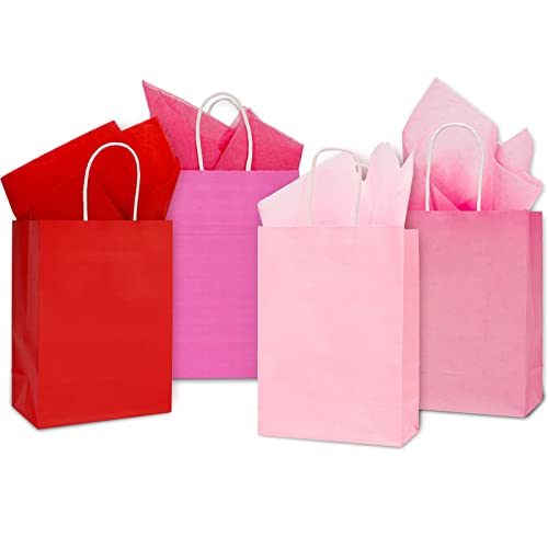 Whaline Pink Bulk Kraft Party Gift Bags with Tissue Paper Pink Paper Bags with Handles Reusable Gift Bag Grocery Goodie Bag for Valentine's Day Birthday Baby Shower Wedding Party Supplie