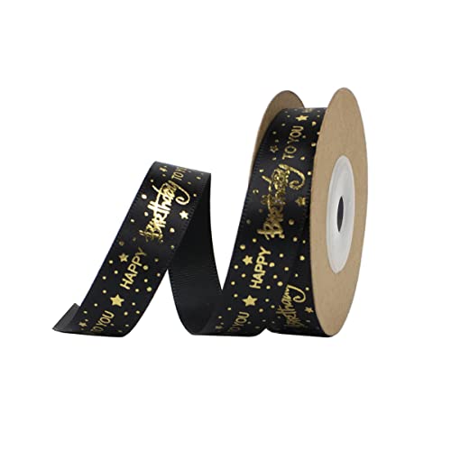 Nichemigo Happy Birthday Ribbon 1 Roll 5/8 Inch Wide Black Satin Ribbons with Gold Printed Gift Ribbon for Birthday Gift Wrapping Craft Hair Bows Party Supplies (10 Yards)