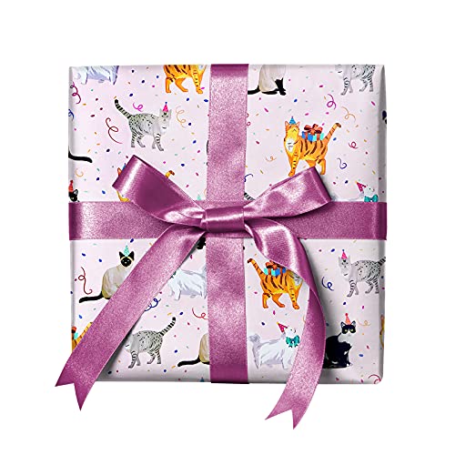 REVEL & Co Party Cats on Pink Premium Folded Wrapping Paper, 2 feet x 10 feet folded birthday feline gift wrap