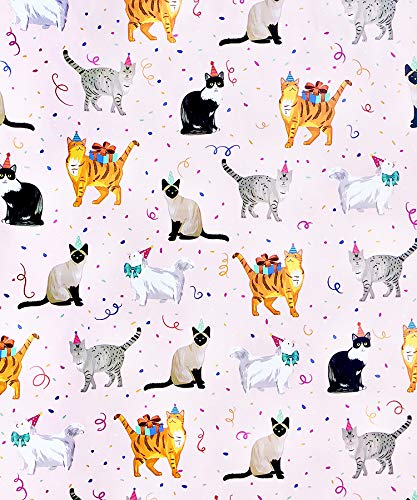 REVEL & Co Party Cats on Pink Premium Folded Wrapping Paper, 2 feet x 10 feet folded birthday feline gift wrap