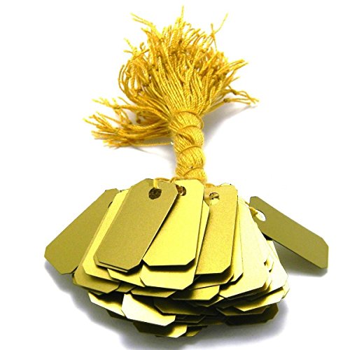 100 Pcs of Paper String Tags, Price Tags, Elegant Jewelry String Tags Perfect for Gifts or Business (1" x 1/2" - 100 Pack, Gold)