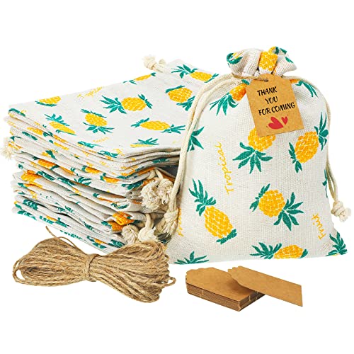 20 Pcs Pineapple Gift Treat Bags 7 x 5 inch Drawstring Gift Bag Hawaiian Gift Bags with Craft Tags Small Party Favor Bags for Summer Hawaiian Luau Holiday Birthday Wedding Party Supplies Decorations