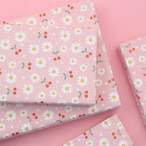 White and Yellow Daisy Floral With Red Cherries On Pink Gift Wrapping Paper 4 Sheets For Kids Girls Boys, Flower Gift Wrap for Birthday New Baby Shower Wedding Holiday Christening and More Occasion