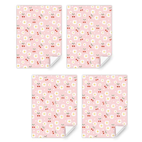 White and Yellow Daisy Floral With Red Cherries On Pink Gift Wrapping Paper 4 Sheets For Kids Girls Boys, Flower Gift Wrap for Birthday New Baby Shower Wedding Holiday Christening and More Occasion