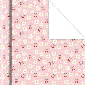 White and Yellow Daisy Floral With Red Cherries On Pink Gift Wrapping Paper 4 Sheets For Kids Girls Boys, Flower Gift Wrap for Birthday New Baby Shower Wedding Holiday Christening and More Occasion