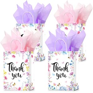 30 pcs thank you gift bags with tissue paper gold thank you wedding bags with handle for business, shopping, wedding, baby shower, party favors (floral style)