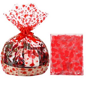 zonon 20 pcs valentine cellophane bags 35 x 23 in valentine basket bags heart printed cellophane wrap red basket bags large cellophane bags for baskets, weddings (heart style)