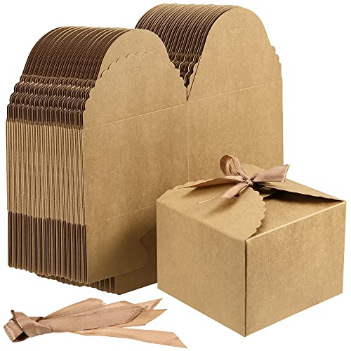 SINJEUN 50 PCS 4.7 x 4.7 x 3.5 Inch Brown Gift Boxes with Lid, Kraft Gift Wrap Box with 50 Ribbon, Decorative Empty Gift Box Craft Paper Boxes for Bridesmaid Proposal, Birthday Party, Wedding