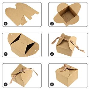 SINJEUN 50 PCS 4.7 x 4.7 x 3.5 Inch Brown Gift Boxes with Lid, Kraft Gift Wrap Box with 50 Ribbon, Decorative Empty Gift Box Craft Paper Boxes for Bridesmaid Proposal, Birthday Party, Wedding