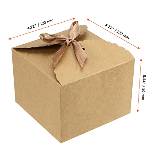 SINJEUN 50 PCS 4.7 x 4.7 x 3.5 Inch Brown Gift Boxes with Lid, Kraft Gift Wrap Box with 50 Ribbon, Decorative Empty Gift Box Craft Paper Boxes for Bridesmaid Proposal, Birthday Party, Wedding