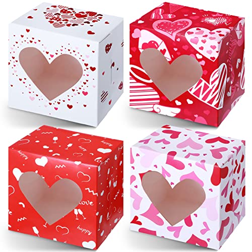 16 Pieces Valentines Day Treat Boxes with Windows Valentine's Day Strawberry Boxes Valentines Day Goodie Boxes with PVC Heart Window Pink Red Valentines Cupcake Boxes 6 x 6 x 4 Inch for Valentines