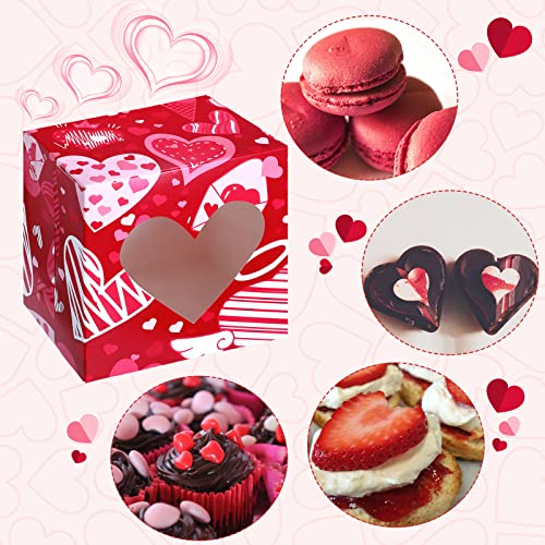 16 Pieces Valentines Day Treat Boxes with Windows Valentine's Day Strawberry Boxes Valentines Day Goodie Boxes with PVC Heart Window Pink Red Valentines Cupcake Boxes 6 x 6 x 4 Inch for Valentines