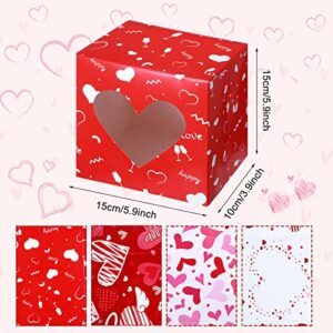 16 Pieces Valentines Day Treat Boxes with Windows Valentine's Day Strawberry Boxes Valentines Day Goodie Boxes with PVC Heart Window Pink Red Valentines Cupcake Boxes 6 x 6 x 4 Inch for Valentines