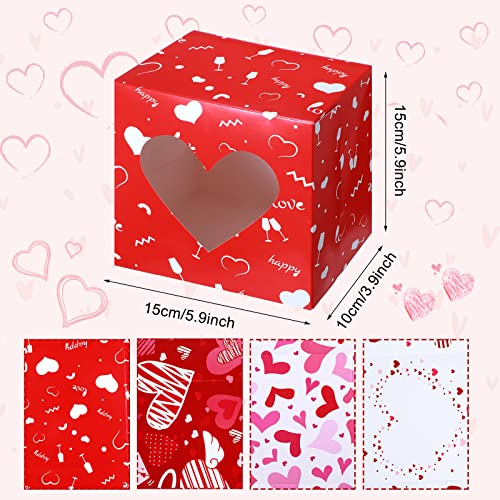 16 Pieces Valentines Day Treat Boxes with Windows Valentine's Day Strawberry Boxes Valentines Day Goodie Boxes with PVC Heart Window Pink Red Valentines Cupcake Boxes 6 x 6 x 4 Inch for Valentines