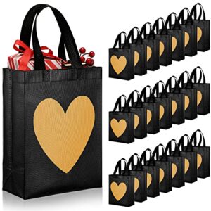 leifide 24 pcs heart gift bags with shiny gold heart print non woven reusable gift bags for wedding bridesmaid birthdays bridal showers engagements anniversaries 8 x 4 x 10 inch (black, gold)