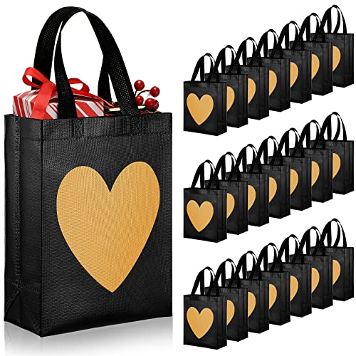 LEIFIDE 24 Pcs Heart Gift Bags with Shiny Gold Heart Print Non Woven Reusable Gift Bags for Wedding Bridesmaid Birthdays Bridal Showers Engagements Anniversaries 8 x 4 x 10 Inch (Black, Gold)