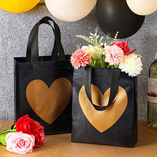 LEIFIDE 24 Pcs Heart Gift Bags with Shiny Gold Heart Print Non Woven Reusable Gift Bags for Wedding Bridesmaid Birthdays Bridal Showers Engagements Anniversaries 8 x 4 x 10 Inch (Black, Gold)