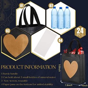 LEIFIDE 24 Pcs Heart Gift Bags with Shiny Gold Heart Print Non Woven Reusable Gift Bags for Wedding Bridesmaid Birthdays Bridal Showers Engagements Anniversaries 8 x 4 x 10 Inch (Black, Gold)