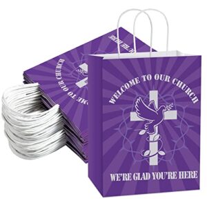 24 pcs church welcome gift bags purple welcome to our church gift bags large religious welcome bags for church guest baptism goodie bag bulk birthday church theme party supplies 10.7 x 4.3 x 8.7 inch