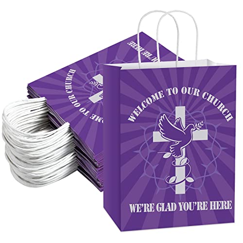 24 Pcs Church Welcome Gift Bags Purple Welcome to Our Church Gift Bags Large Religious Welcome Bags for Church Guest Baptism Goodie Bag Bulk Birthday Church Theme Party Supplies 10.7 x 4.3 x 8.7 Inch