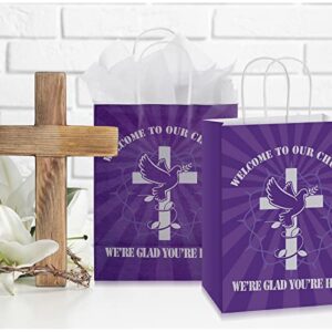 24 Pcs Church Welcome Gift Bags Purple Welcome to Our Church Gift Bags Large Religious Welcome Bags for Church Guest Baptism Goodie Bag Bulk Birthday Church Theme Party Supplies 10.7 x 4.3 x 8.7 Inch