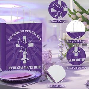 24 Pcs Church Welcome Gift Bags Purple Welcome to Our Church Gift Bags Large Religious Welcome Bags for Church Guest Baptism Goodie Bag Bulk Birthday Church Theme Party Supplies 10.7 x 4.3 x 8.7 Inch