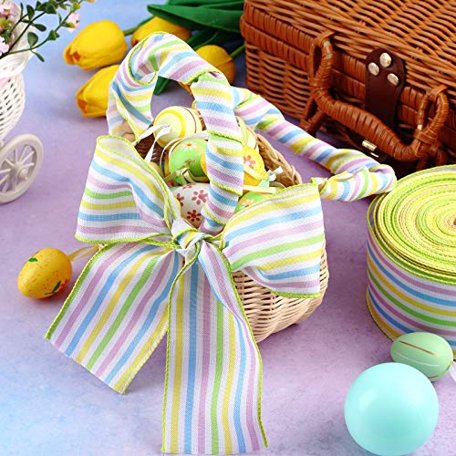 20 Yards Easter Spring Stripe Wired Edge Ribbons 2.5 Inch Stripe Burlap Ribbons Wired Easter Ribbon Easter Ornament Hanging Decorations for Easter Wrapping DIY Crafts Decoration