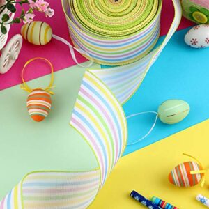 20 Yards Easter Spring Stripe Wired Edge Ribbons 2.5 Inch Stripe Burlap Ribbons Wired Easter Ribbon Easter Ornament Hanging Decorations for Easter Wrapping DIY Crafts Decoration