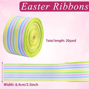 20 Yards Easter Spring Stripe Wired Edge Ribbons 2.5 Inch Stripe Burlap Ribbons Wired Easter Ribbon Easter Ornament Hanging Decorations for Easter Wrapping DIY Crafts Decoration