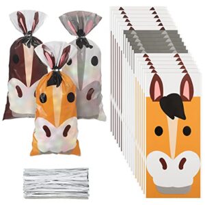 150 pcs horse party favor bags horse candy treat bags cellophane bags party goody favors with 200 silver twist ties for horse party favors western cowboy, cowgirl and farm birthday party supplies