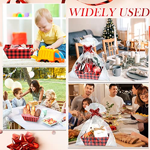 22 Pcs Basket for Gifts Empty Kit Includes 6 Pcs Gift Basket Empty to Fill 6 Pcs Clear Gift Bags 10 Pull Bows Market Tray Favor for Valentines Wedding Holiday Birthday Gift Package (Red Black Plaid)