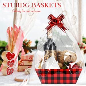 22 Pcs Basket for Gifts Empty Kit Includes 6 Pcs Gift Basket Empty to Fill 6 Pcs Clear Gift Bags 10 Pull Bows Market Tray Favor for Valentines Wedding Holiday Birthday Gift Package (Red Black Plaid)