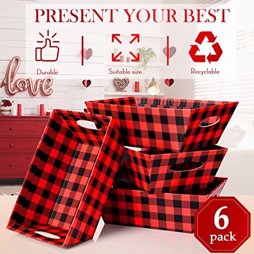 22 Pcs Basket for Gifts Empty Kit Includes 6 Pcs Gift Basket Empty to Fill 6 Pcs Clear Gift Bags 10 Pull Bows Market Tray Favor for Valentines Wedding Holiday Birthday Gift Package (Red Black Plaid)