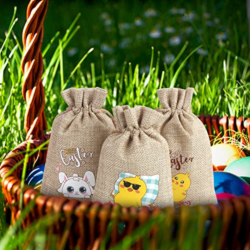 LOKIPA 24 Pcs Easter Burlap Bags, Easter Jute Burlap Bags Small Favor Bags with Drawstrings for Easter Party Favor