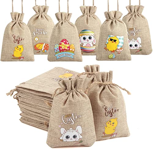 LOKIPA 24 Pcs Easter Burlap Bags, Easter Jute Burlap Bags Small Favor Bags with Drawstrings for Easter Party Favor