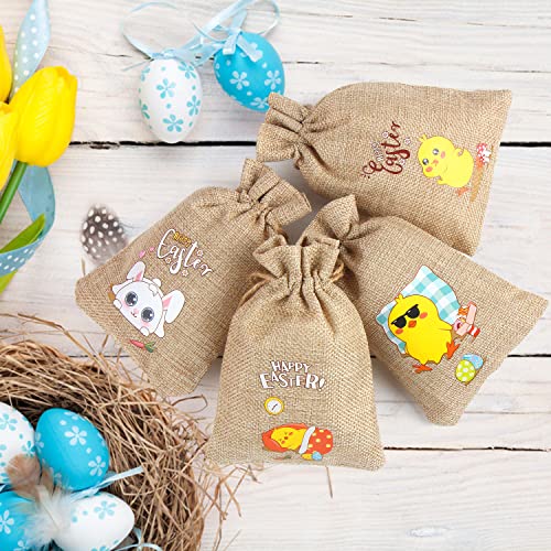 LOKIPA 24 Pcs Easter Burlap Bags, Easter Jute Burlap Bags Small Favor Bags with Drawstrings for Easter Party Favor