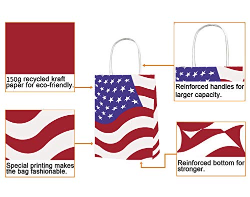 Joffreg Patriotic Gift Bag with Handles,American Flag Party Favor Bags,Decorative for Veterans Day,Memorial Day and Fourth of July,Red Blue and White,6.30 x 3.15 x 8.27 inches,10 Pcs