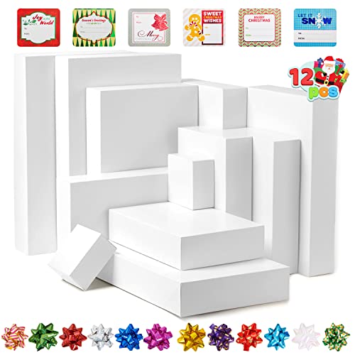 JOYIN 12 PCS Assorted Christmas Shirt Gift Box, 4 Sizes White Assorted Shirt Wrap Box Set with Lids, Base, Gift Tag Stickers and Bows for Gift Wrapping, Present Wrap Décor