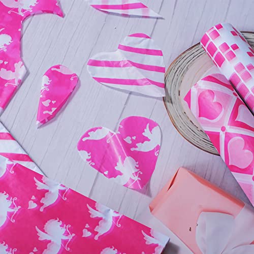 Bolsome 100 Sheets Valentines Day Tissue Paper, Hot Pink Love Heart Rose Red Stripe Cupid Arrow Tissue Paper for Valentine Gift Wrapping, Wedding Birthday Party DIY Art Craft Decoration, 14x20 inch