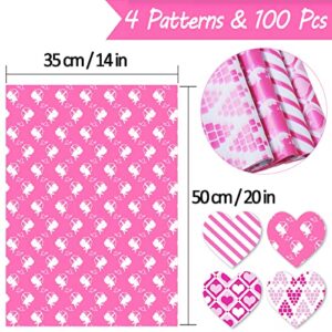 Bolsome 100 Sheets Valentines Day Tissue Paper, Hot Pink Love Heart Rose Red Stripe Cupid Arrow Tissue Paper for Valentine Gift Wrapping, Wedding Birthday Party DIY Art Craft Decoration, 14x20 inch